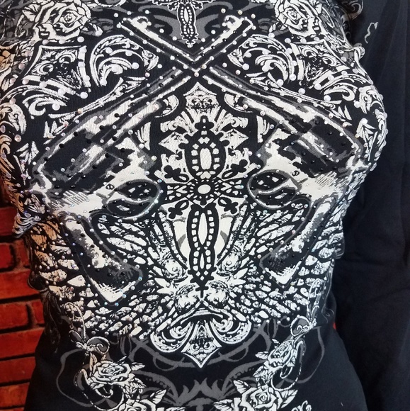 Long Sleeve Mirrored Pistol Wing Rhinestone Shirt - Picture 4 of 7